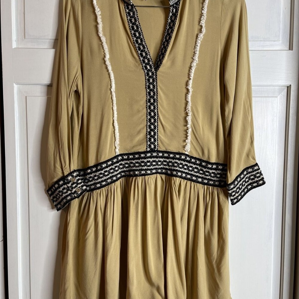 Wrangler Retro Womans Mustard Yellow Boho Country Dress Embroidered Trim Small.